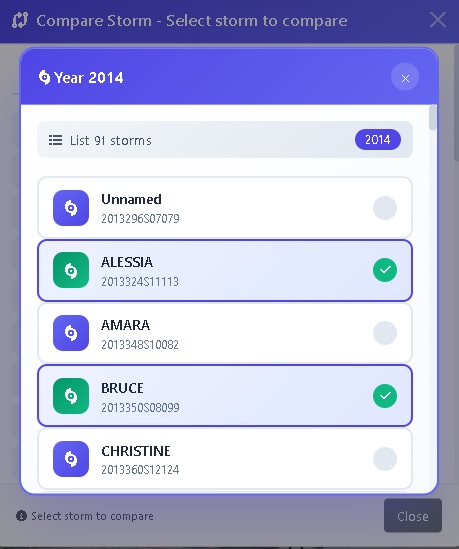 Easily select one or more storms to compare on the same map with track information